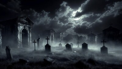Foggy Cemetery Moonlit Night