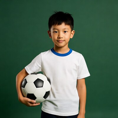 Asian boy holding soccer ball