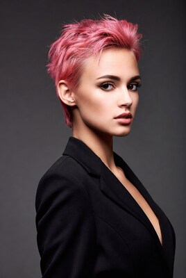 Woman with pink pixie haircut