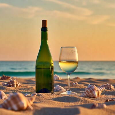 Wine bottle and glass on beach sunset