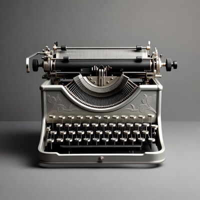 Vintage Silver Typewriter on Gray Background