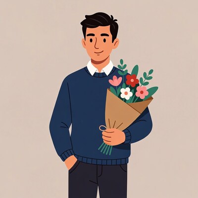 Asian man holding flower bouquet
