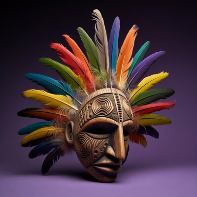 Colorful Feathered Wooden Tribal Mask