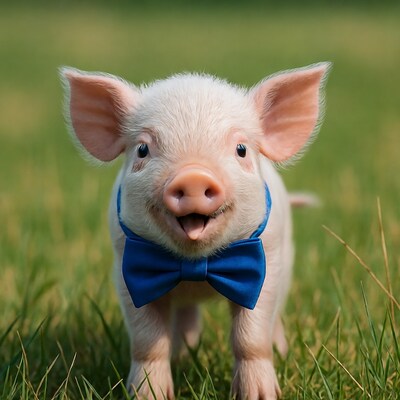 Piglet wearing blue bowtie in grass