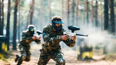 Men playing paintball in forest