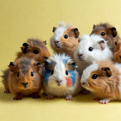 Group of cute guinea pigs on yellow background
