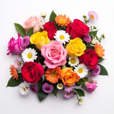 Colorful Rose Bouquet on White Background