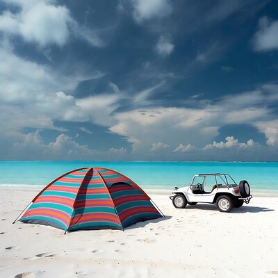 Colorful tent and white jeep on beach