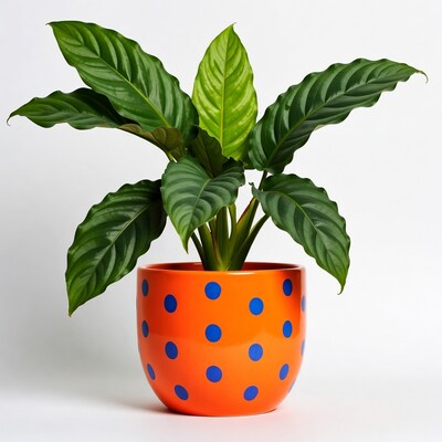 Green plant in polka dot orange pot