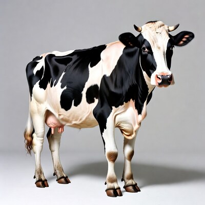 Holstein cow standing on gray background