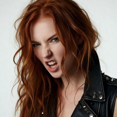 Redhead woman snarling in studded leather jacket
