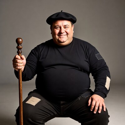 Smiling overweight man with beret and cane