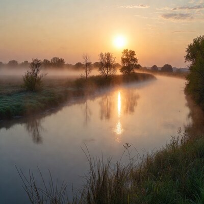 Sunrise over misty river