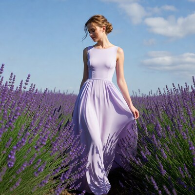 Woman in lavender dress in field