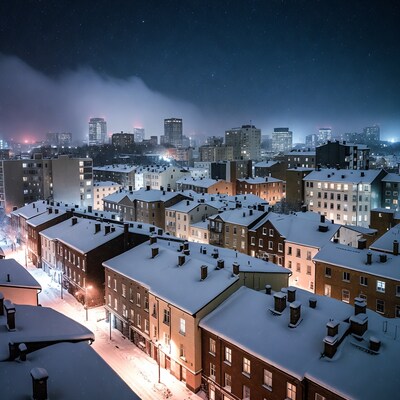 Snowy City Rooftops at Night