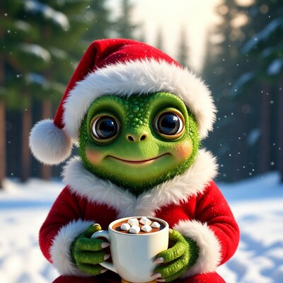 Cute green frog in Santa hat with hot chocolate