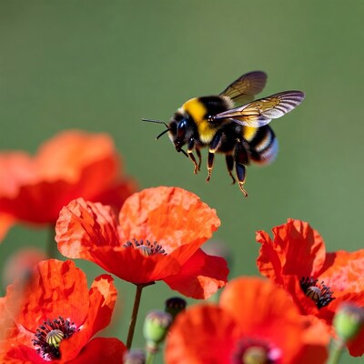 Bumblebee flying over red poppies