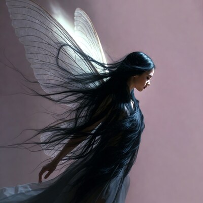 Asian woman with large white fairy wings
