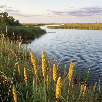 Yellow cattails by marsh river sunset