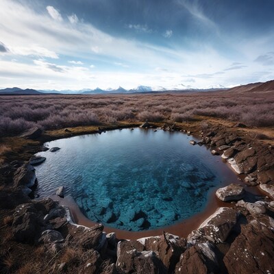 Turquoise pond in purple tundra mountains