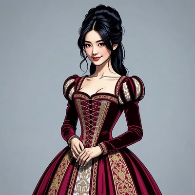 Asian woman in red Renaissance gown