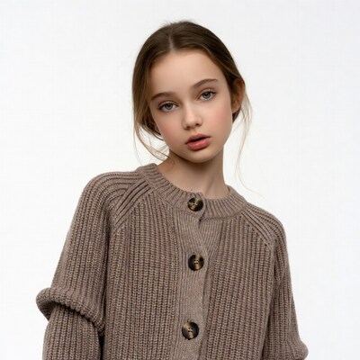 Girl in beige knit cardigan