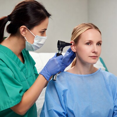 Asian nurse examining blonde patient's ear