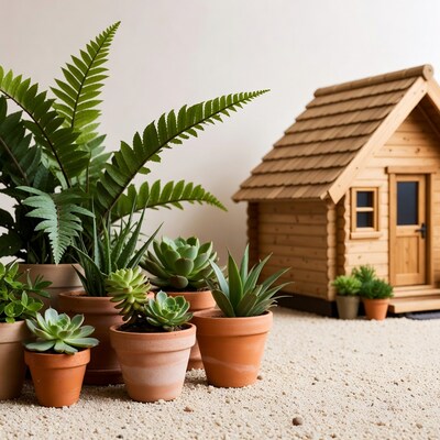 Potted succulents ferns next to miniature wooden house
