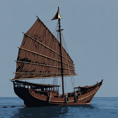 Chinese Junk Ship Sailing on Sea