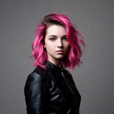 Woman with pink hair in leather jacket