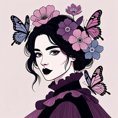 Woman with flowers and butterflies in hair