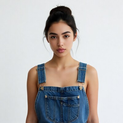 Asian woman in blue overalls