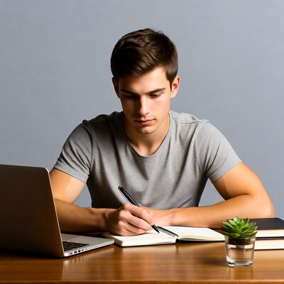Young man writing in notebook at desk