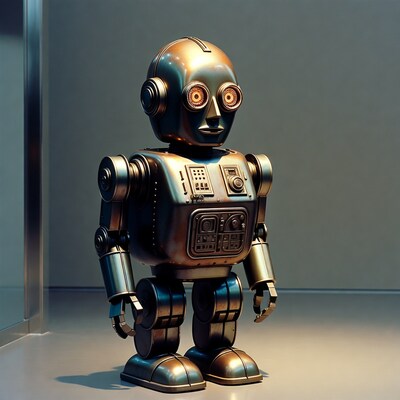 Shiny bronze robot standing pose
