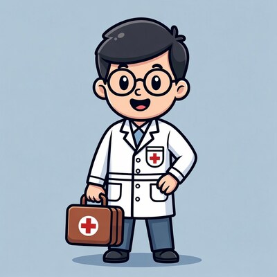 Cartoon Asian doctor holding medical kit