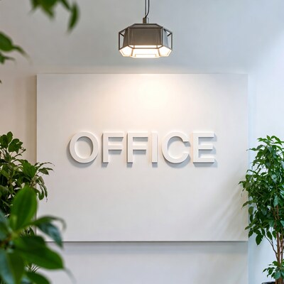Office sign with plants and light