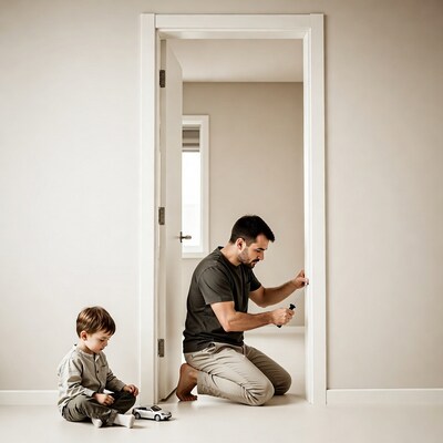 Father fixing door boy playing toy car