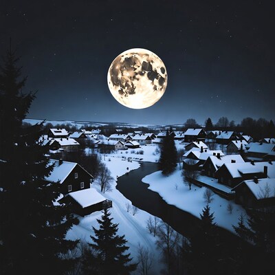 Snowy village under full moon