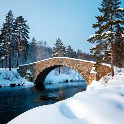 Stone arch bridge over snowy river