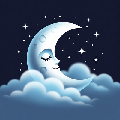 Smiling Crescent Moon on Clouds