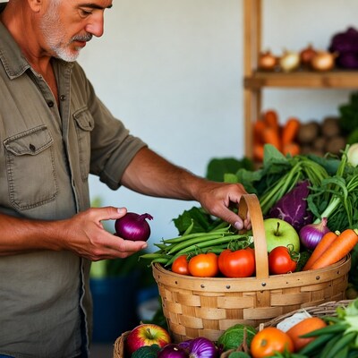 Mature man holding onion at market