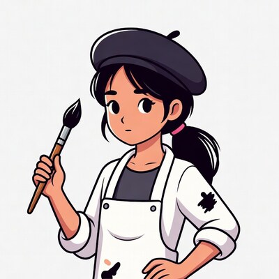 Asian girl artist holding paintbrush
