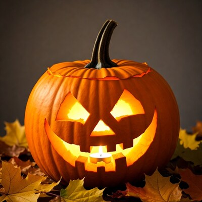 Lit Jack-o-Lantern on Autumn Leaves
