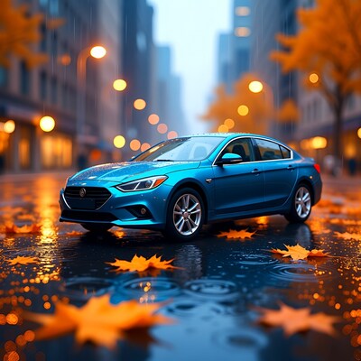 Blue Hyundai Sedan in Rainy Autumn City Street