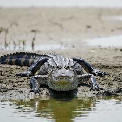 Alligator lying on muddy shore