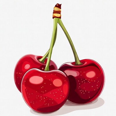 Three red cherries on stems
