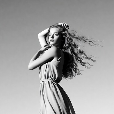 Woman with flowing hair in dress