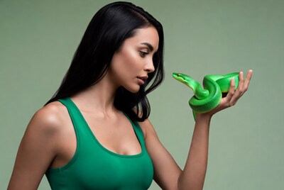 Woman holding green snake