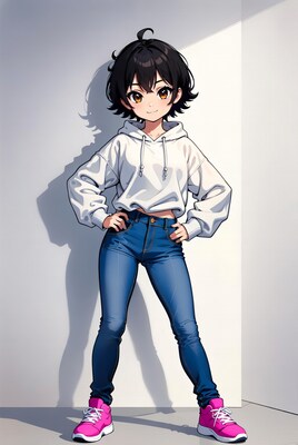 Anime girl in hoodie and jeans