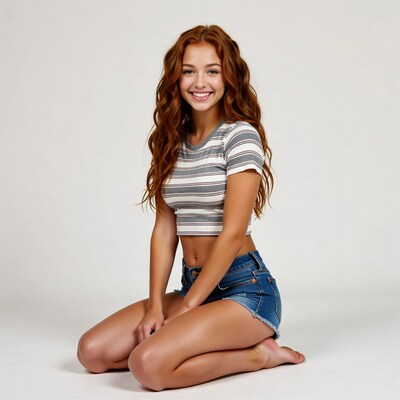 Smiling redhead girl sitting in crop top shorts